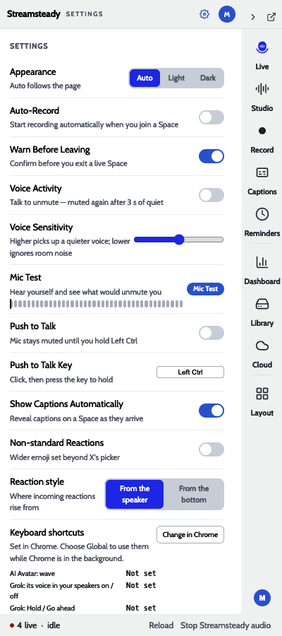 Side panel Settings: Voice Activity, Voice Sensitivity, Mic Test and Push to Talk.