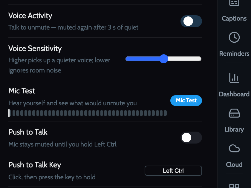 Settings in dark theme: Voice Activity switch, Voice Sensitivity slider, Mic Test, Push to Talk.