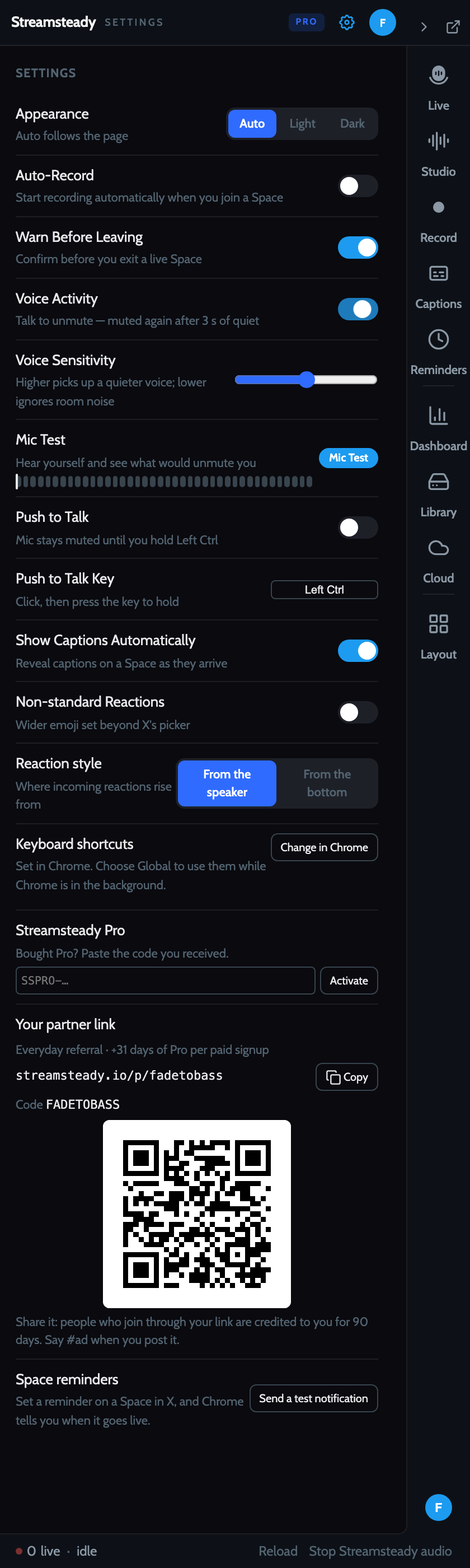 The full Settings view in the side panel.
